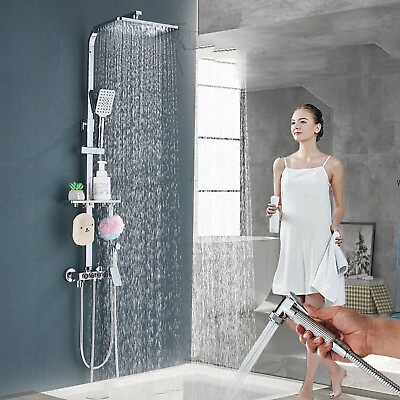 #ad Chrome Expose Shower Faucet Set Rectangle Rainfall Head Bathroom Shower Fixture