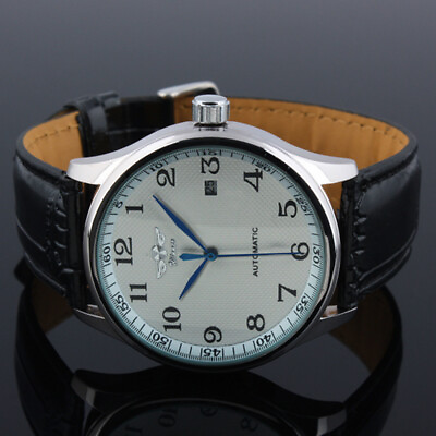 Mens Watch Automatic White Dial Silver Leather Strap Date Display Analog Luxury $25.40
