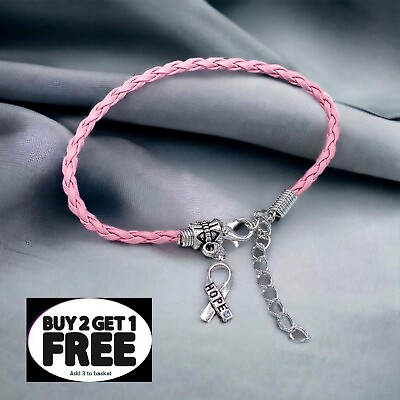 #ad Cancer Support Breast Ribbon Medical Alert Bracelet Fighter Pink Faux Leather