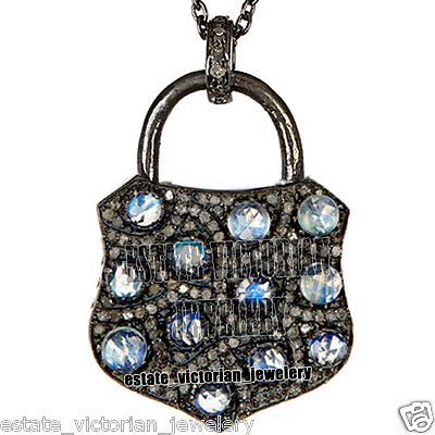 #ad Vintage 2.41ctw Rose Cut Diamond Moonstone Silver Gorgeous Lock Pendant Jewelry