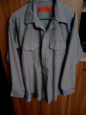 #ad Vtg Durable Press Shirt Blue Snap pearlized Button Up Long Sleeve Work Mens