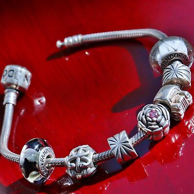 #ad Authentic Pandora 925 sterling silver 7.75quot; charm bracelet w 7 charms 40.3g 2638