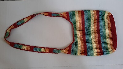 #ad Handmade Crochet Handbag Tote Beach Bag Button Closure Weave Rainbow Multicolor