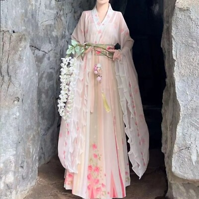 #ad Chinese Style Hanfu Dress Set Traditional Floral Print Long Robe Cosplay Suit