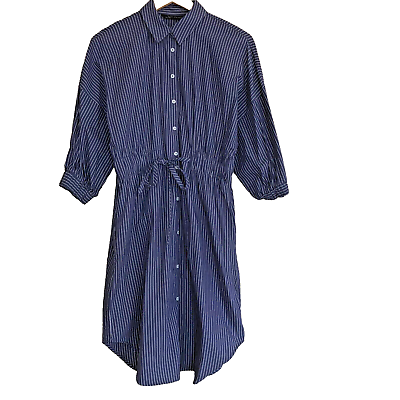 #ad ZARA Shirt Dress long sleeve drawstring waist striped Blue amp; White Size Medium