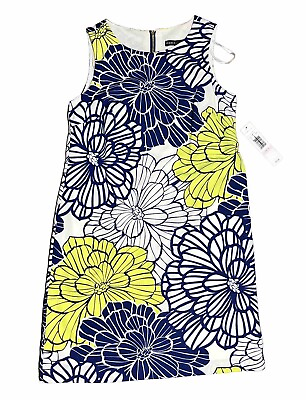 #ad MADISON LEIGH Women#x27;s Navy Blue Lime Floral Bright Shift Dress Sz 6