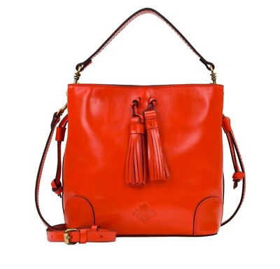#ad Patricia Nash Chaumont Leather Top Handle Crossbody Bucket Bag Bright Coral NWT