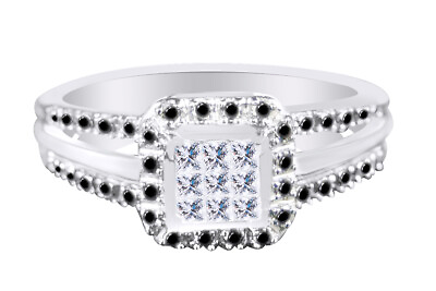 #ad 10k Gold Ladies Womens Bridal Engagement Princess Cut Black Diamond Ring