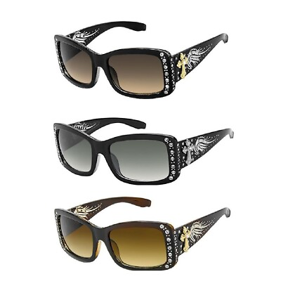 #ad NEW Womens BLING Western Sunglasses with WINGED CROSS Rhinestones Christian