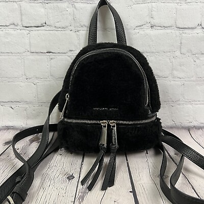 Michael Kors Small Mini Black Backpack Leather Faux Fur Adjustable Straps $80.00