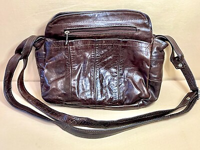 #ad Vintage Brown Leather Crossbody Handbag Purse Multi Compartment Bag