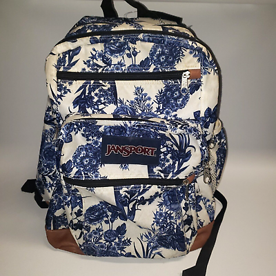 #ad JanSport Backpack Blue Floral Meadow Leather Bottom Multiple Zip Pocket