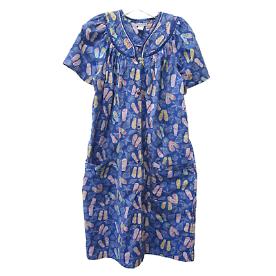 #ad ELEGANT EMILY Blue w Flip Flop amp; Shell Print Short Sleeve House Dress Sz L