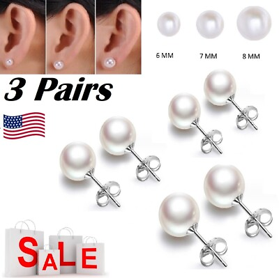 #ad 3Pairs White Genuine Cultured Freshwater Pearl Stud Earrings 925 Silver 6 7 8 mm