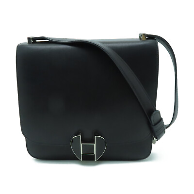 #ad HERMES PHW 2002 Shoulder Crossbody Bag Evergrain Leather Black