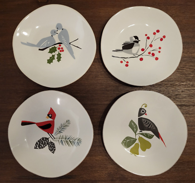 #ad 4 Crate and Barrel Marin Winter Birds Salad Plates Holiday Contemporary