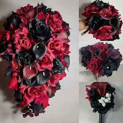 #ad Burgundy Black Rose Calla Lily Bridal Wedding Bouquet Accessories