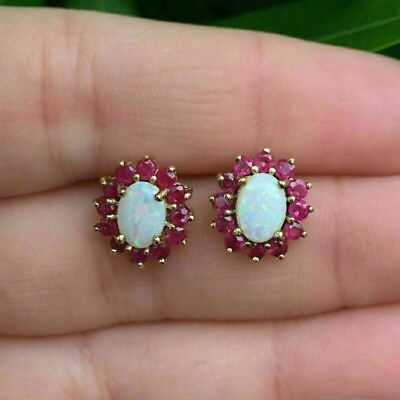 #ad 4Ct Oval Fire Opal Diamond Push Back Halo Stud Earrings 14K Yellow Gold Plated