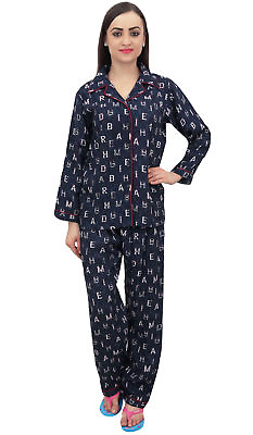#ad Bimba Navy Blue Button Down Shirt With Pajama Pant 2 Pcs Night Wear Set