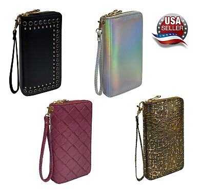 #ad Women#x27;s Wristlet Wallet Premium Synthetic Leather Double Zipper Clutch *US Selle