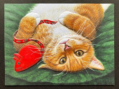#ad *ONE Cat SMALL Christmas Card Orange Tabby Embossed Toy Mouse Pumpernickel Press