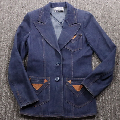 #ad 80#x27;s Vintage Denim Suit Jacket Patches Shoulder Pads Western Women#x27;s Small