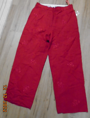 #ad JULLIAN JONES new with tags pant size 8 red 55% linen lined embroidered rose red