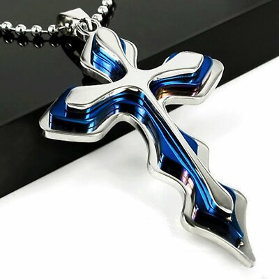 Cross Pendant Necklace Silver Stainless Steel Unisex#x27;s Chain Crucifix Men Women $4.19