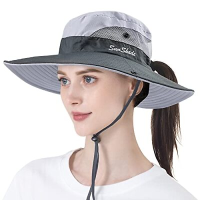 #ad Women Ponytail Sun Hat Outdoor UV Protection Mesh Bucket Hats Foldable Wide B...