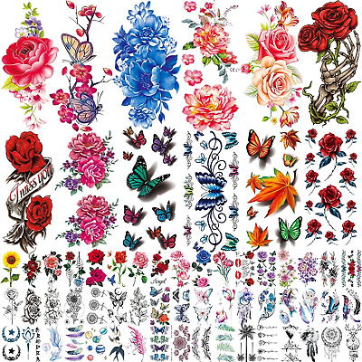 #ad 82 Sheets Temporary Tattoos Women Waterproof Stickers Roses Butterflie for Girls