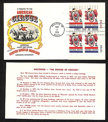 #ad Circus World Baraboo WI 1966 FDC First Day Cover w 4 Lou Jacobs Stamps VGC