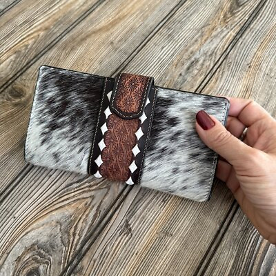 #ad Artisan Hand Tooled Leather and Cowhide Women#x27;s Wallet Unique Western Style