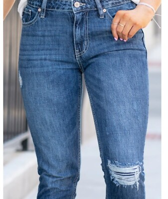 #ad KanCan Distressed Boyfriend Cropped Denim Jeans Sz 5 28x28 Stretch Raw Hem