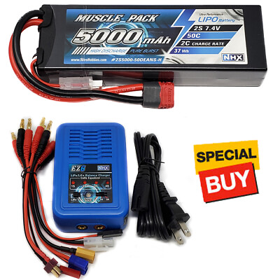 #ad NHX Muscle Pack 2S 7.4V 5000mAh 50C Lipo Battery w DEANS Connector EZ6 Charger