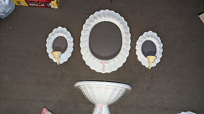 #ad Burwood Hobnail Mirrored Scones Candle Holders Shelf amp; LG Center Mirror 1980#x27;s