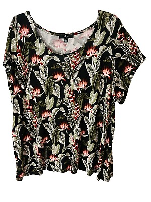 #ad Ellos 1X Top Multiclor Pullover Stretch Knit Tropical Print Short Sleeves 22 24