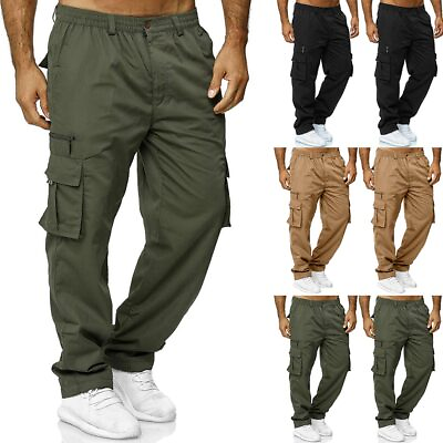 #ad Mens Stretch Cargo Combat Work Pants Multi Pockets Elastic Waist Trousers New