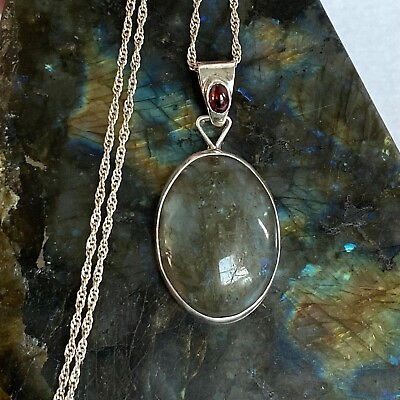 #ad Sterling Silver 925 Bezel Set Oval Labradorite Garnet Pendant Necklace 20quot; Chain