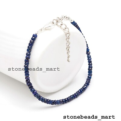 #ad Corundum Blue Sapphire 3 4 MM Rondelle Faceted Gemstone Bracelet 7quot;
