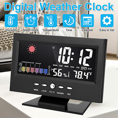 #ad LED Digital Alarm Clock Snooze Calendar Hygrometer Weather Color Screen Display