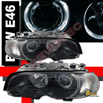 #ad 00 01 02 03 BMW E46 2DR Coupe Dual Halo Projector Headlights Black w Corner