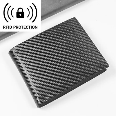#ad Men#x27;s Carbon Fiber Leather Wallet RFID Blocking Slim Bifold Credit Card Holder