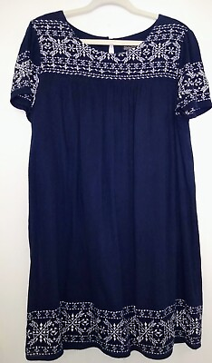 #ad Lucky Brand Navy Blue Embroidered Dress with lining 50%cotton 50% rayon size L
