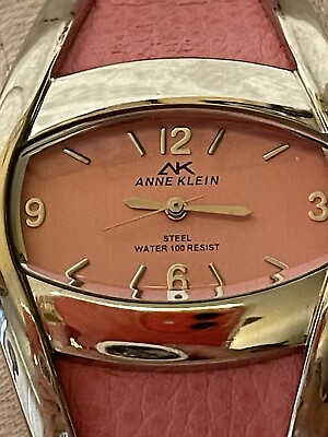 #ad Anne Klein Watch Women Silver Tone Oval Dial Pink Leather Band Needs Battery
