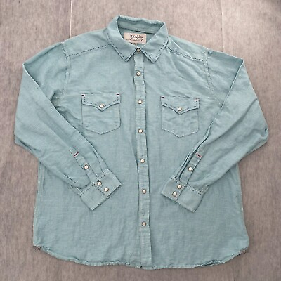 #ad Ryan Michael Shirt Adult Extra Large Blue Snap Button Western Linen Silk Mens XL