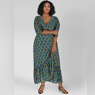 #ad Silk amp; Salt Journey Maxi Wrap Dress African Peacock Green Blue Print NWT Size XL