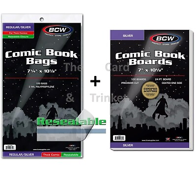 100 BCW Resealable Silver Bags For THICK Comics Protectors 100 Backing Boards AU $49.50