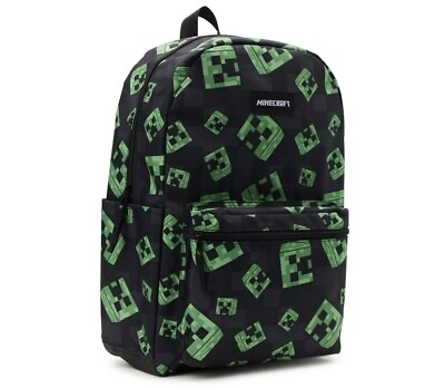#ad Minecraft Creeper School Backpack Book Bag 17quot; Boys Green Black