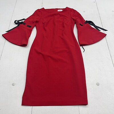 #ad Calvin Klein Red Tie Bell Sleeve Dress Women’s Size 6