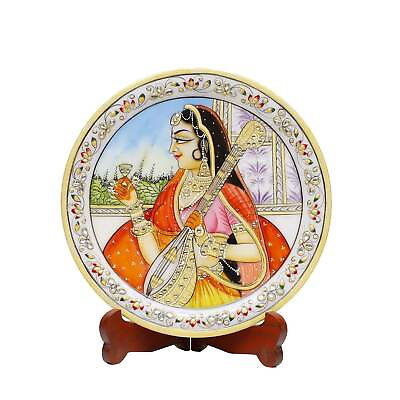#ad Handmade 9 Inch Designer Marble Plate Round Shape Rajasthani Lady